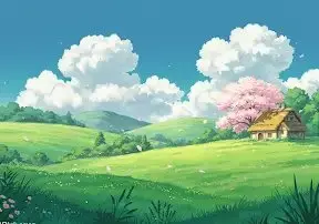 A serene Ghibli-style landscape with rolling green hills, fluffy clouds, and a small cottage with a thatched roof. Soft pastel colors, warm sunlight filtering through trees, and a gentle breeze blowing cherry blossoms in the air. Studio Ghibli aesthetic, 4K, anime watercolor style.